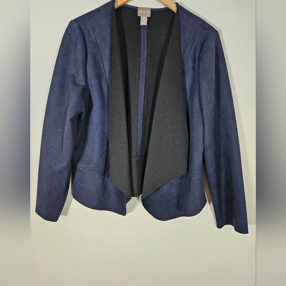 Chicos Suede Feel Blazer Jacket navy black lapel open front SZ12 - Picture 2 of 10
